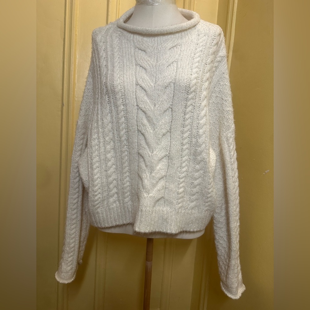 Pilcro Cowl Neck Cable Knit Sweater - Cream